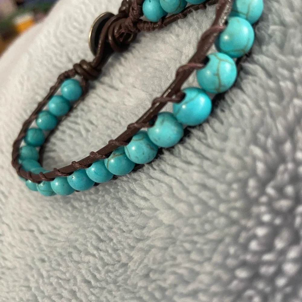 Handmade Bohemian Turquoise and Leather Beaded Ladder Stitch  Bracelet